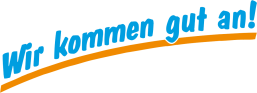 "Wir kommen gut an!" is the logo and slogan of Rüdinger Freight Forwarder Germany: It means, "We Arrive Reliably!" There are light blue words and an orange underline.