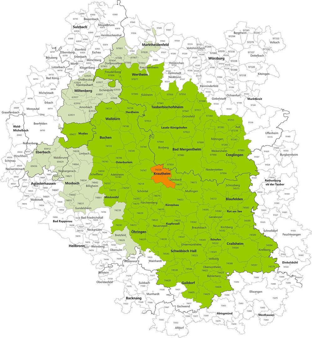 It is a map of the delivery area in green colors on a white background. Approximately in the center is the area Krautheim in orange.