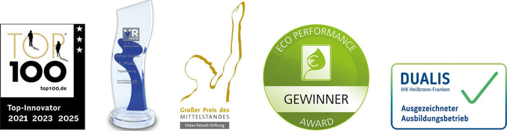 Several trophy logos are organized one next to another in a very landscape picture.