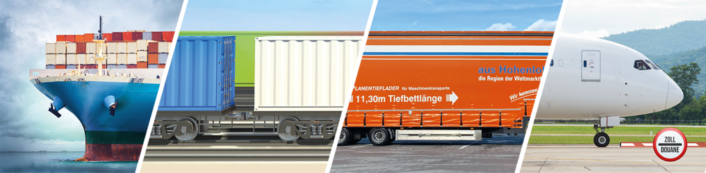 A compilation of photos results in an extremely wide landscape format. On the left picture you can see the foremost piece of a container ship, in the second two containers on a train, on the third a Rüdinger truck and on the fourth an airplane nose.