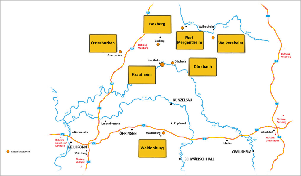 A graphic shows the seven bases of the forwarding company with town entrance signs. In addition, rivers can also be seen, two highways and many towns and cities.