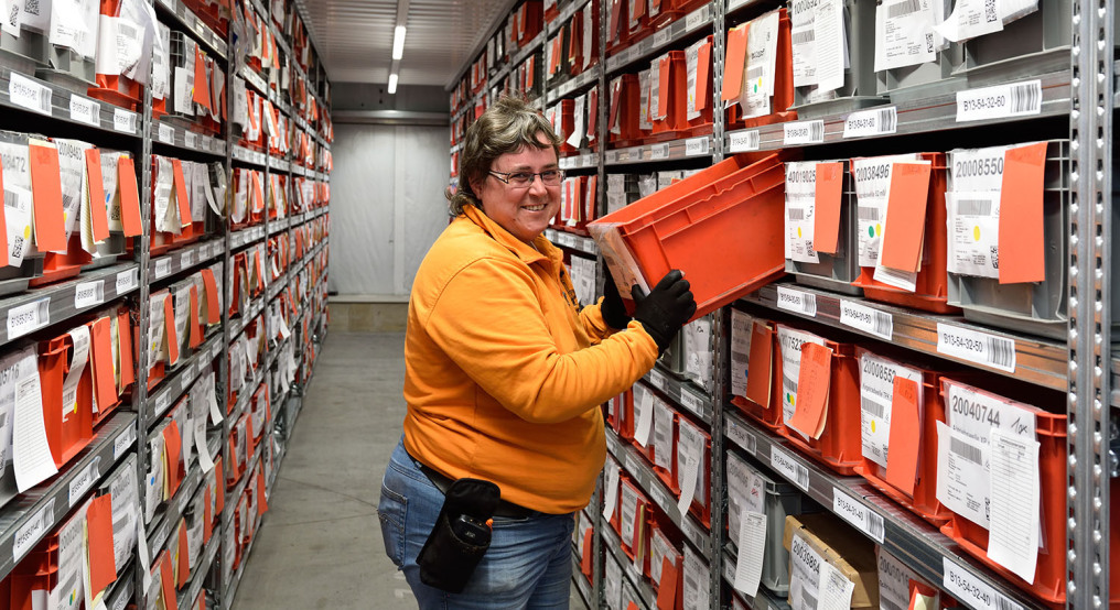 A friendly employee in an orange jacket smiles warmly at the camera. She takes a box from a shelf. The shelves behind her and down to the depths are all stocked with such boxes.