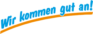 "Wir kommen gut an!" is the logo and slogan of Rüdinger Freight Forwarder Germany: It means, "We Arrive Reliably!" There are light blue words and an orange underline.